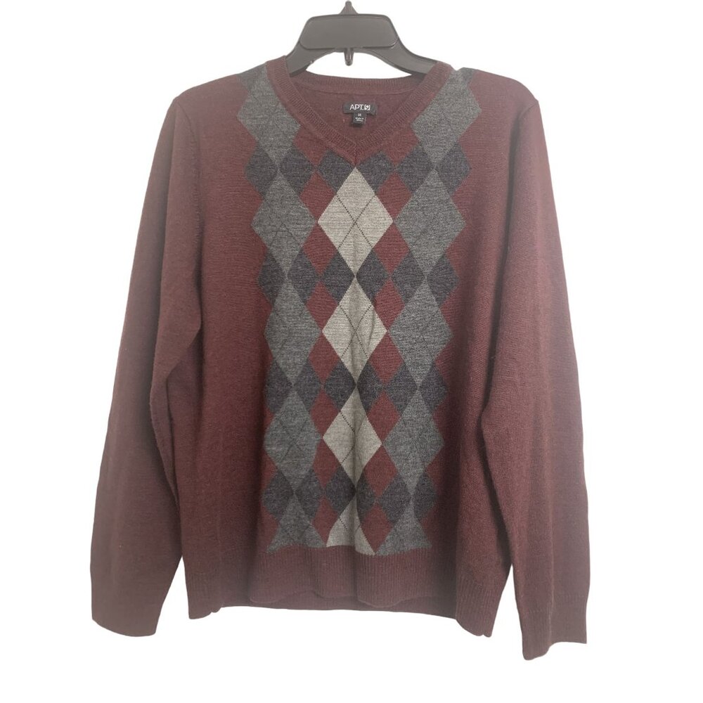 APT 9‎ Merino Wool Argyle Burgundy Sweater V-Neck Size M